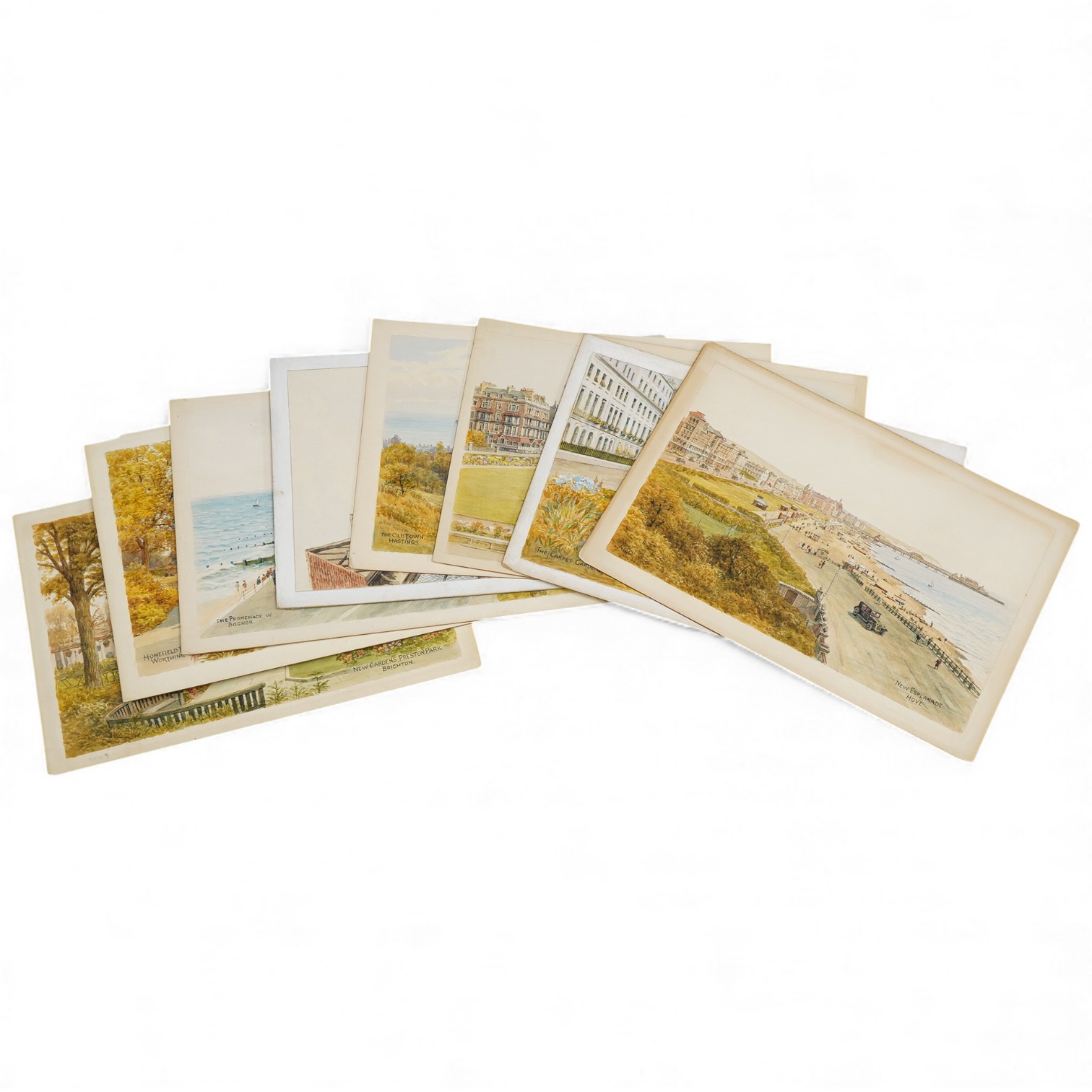 Sir Alfred Robert Quinton (1853-1934), Set of eight original watercolours for postcard designs, Sussex views to include Mermaid Street, Rye, Old Town, Hastings and Preston Park, Brighton, each monogrammed, signed or insc